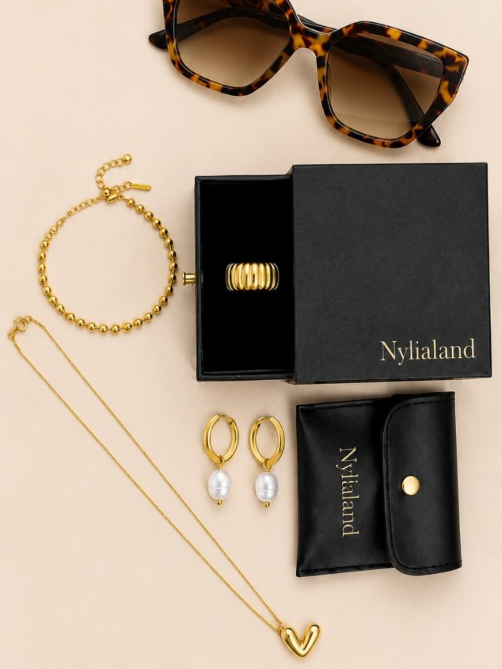 Swarovski Tortoise Sunglasses & Nylialand Gold Pearl Jewelry Bundle Set
